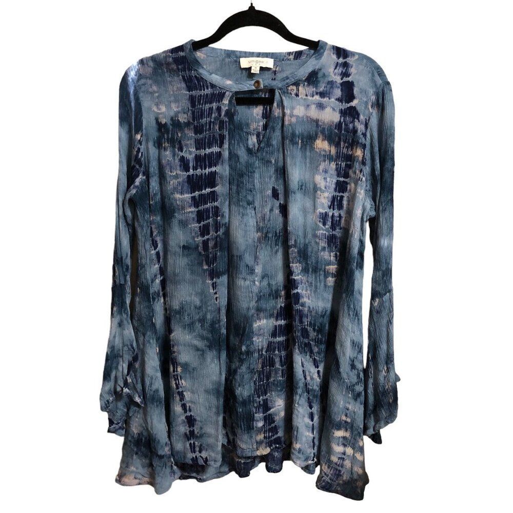 Umgee Womens Tunic Top XL Blue Tie Dye Keyhole Neck Long Sleeve Blouse Flared